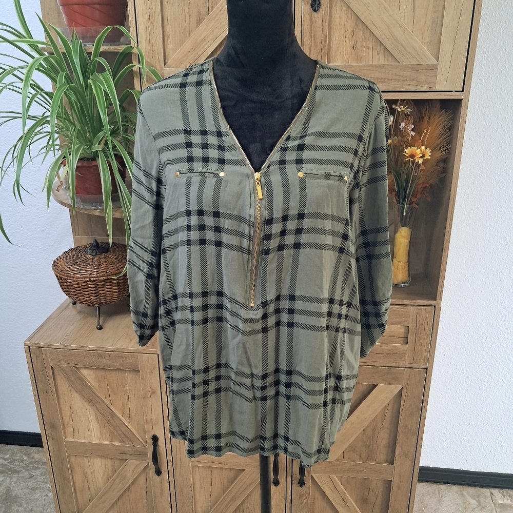 Miss Lili Shepherd Plaid Tunic Green Black Zip Front 3/4 Sleeve Southwestern